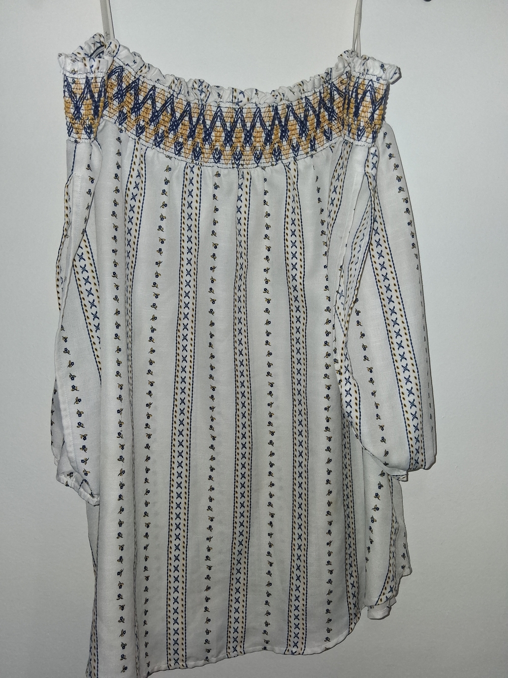 J.O.A. White One-Shoulder Embroidered Boho Dress with Blue and Gold Accents